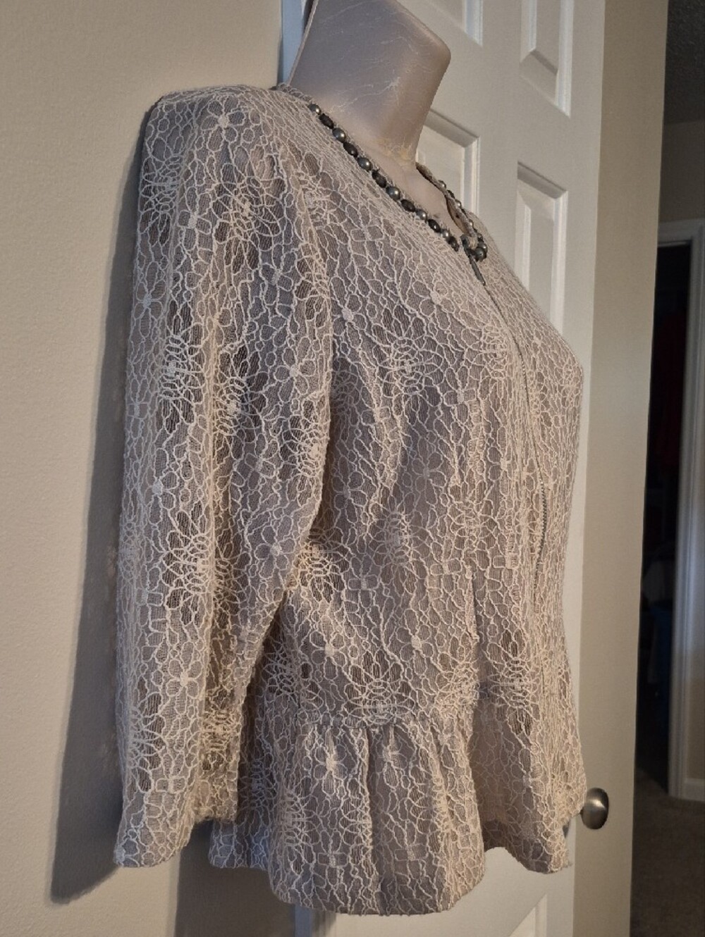 Ruby Rd. Cream Lace Sweater Jacket with Rhinestone Trim - Picture 3 of 8